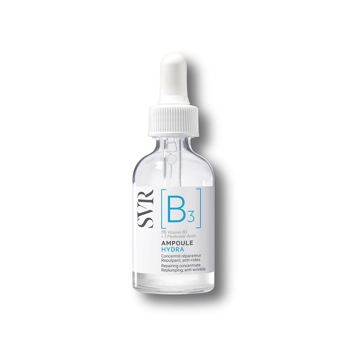 SVR Ampoule B3 Hydra serum in a clear glass dropper bottle with white label and blue text on a white background.