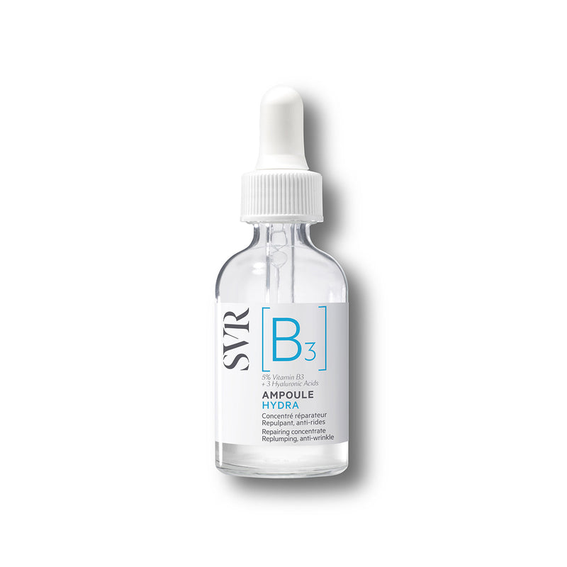 SVR Ampoule B3 Hydra serum in a clear glass dropper bottle with white label and blue text on a white background.