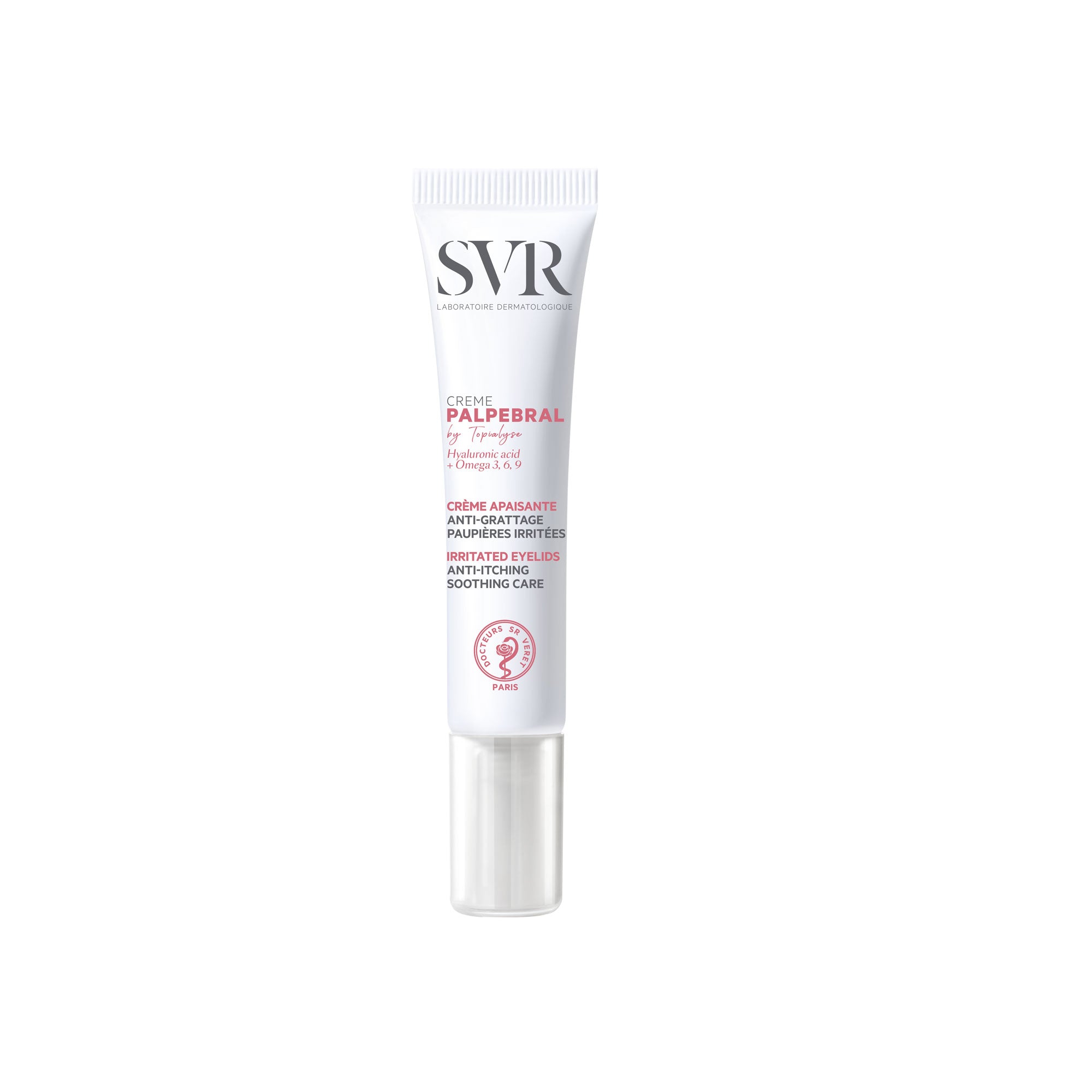 SVR Palpebral Eye Cream in a white squeeze tube with a clear cap, featuring black and pink text on a clean, clinical design.