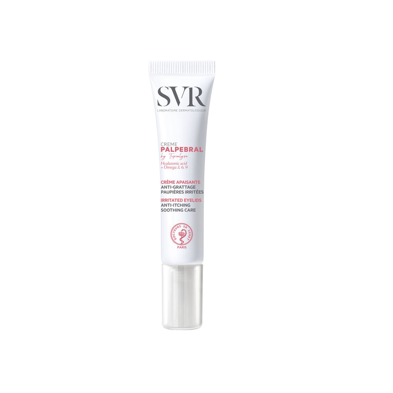SVR Palpebral Eye Cream in a white squeeze tube with a clear cap, featuring black and pink text on a clean, clinical design.