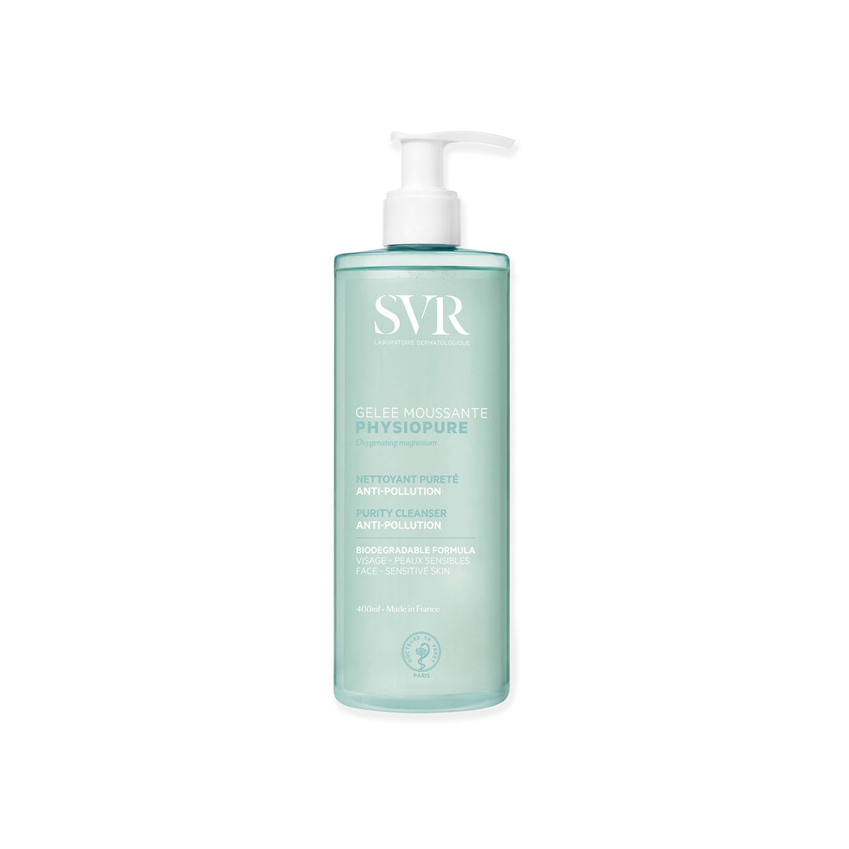 SVR PHYSIOPURE foaming gel in a 400ml translucent light green pump bottle for sensitive skin.