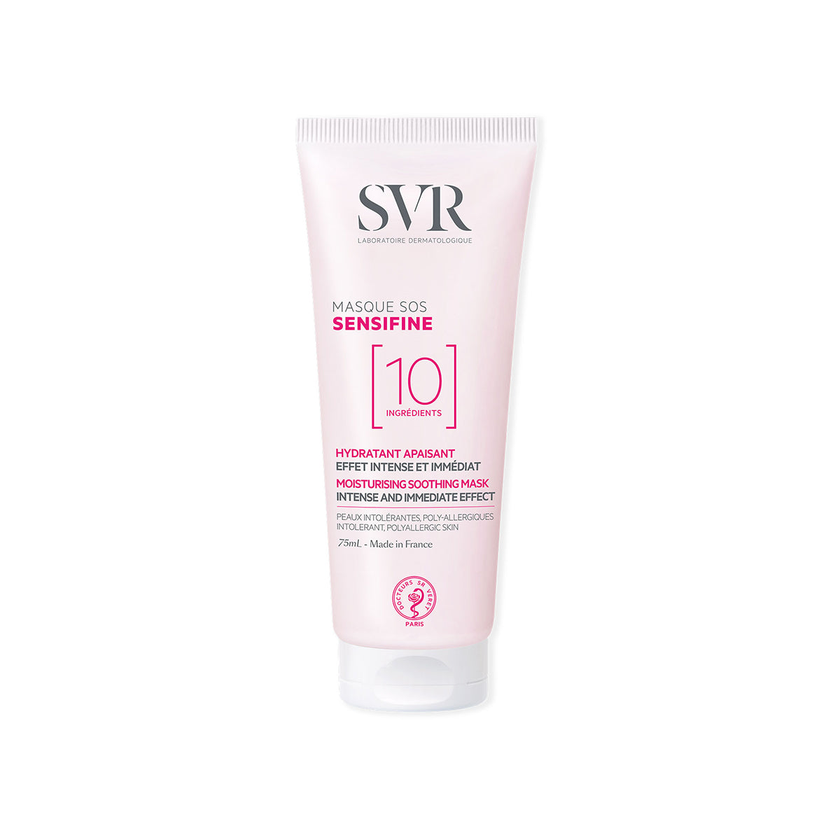 SVR Sensifine SOS Mask in a 75ml pale pink squeeze tube with white cap and minimalist black and pink text.