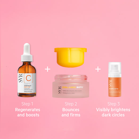 SVR Glow Trio set featuring an amber serum bottle, a pink collagen cream jar, and an orange eye cream pump on pink background.