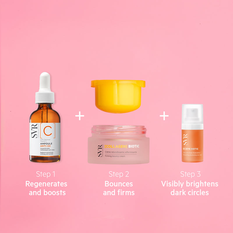 SVR Glow Trio set featuring an amber serum bottle, a pink collagen cream jar, and an orange eye cream pump on pink background.