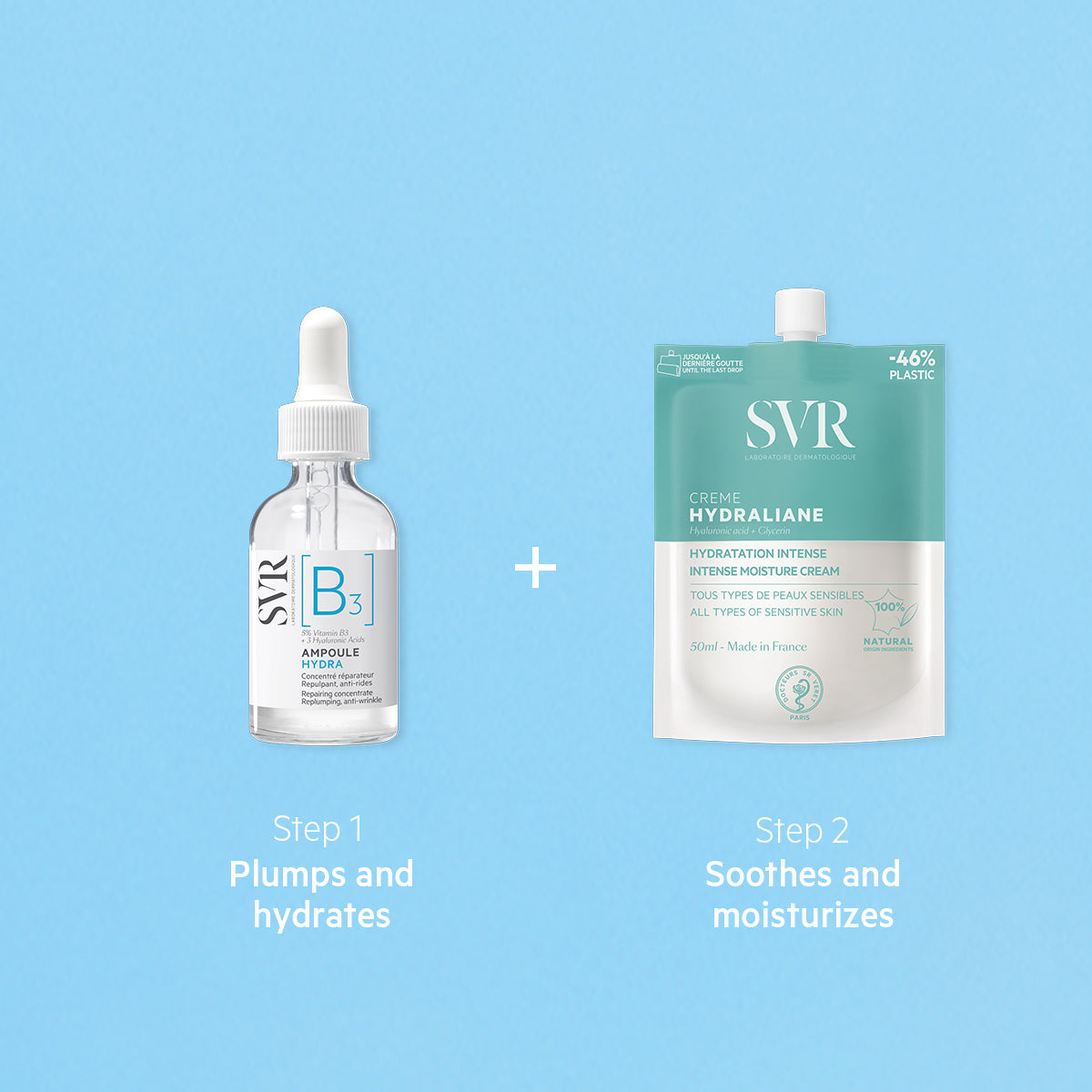 SVR Hydraliane duo with a glass serum dropper bottle and a teal 50ml moisturizing cream pouch on a blue background.