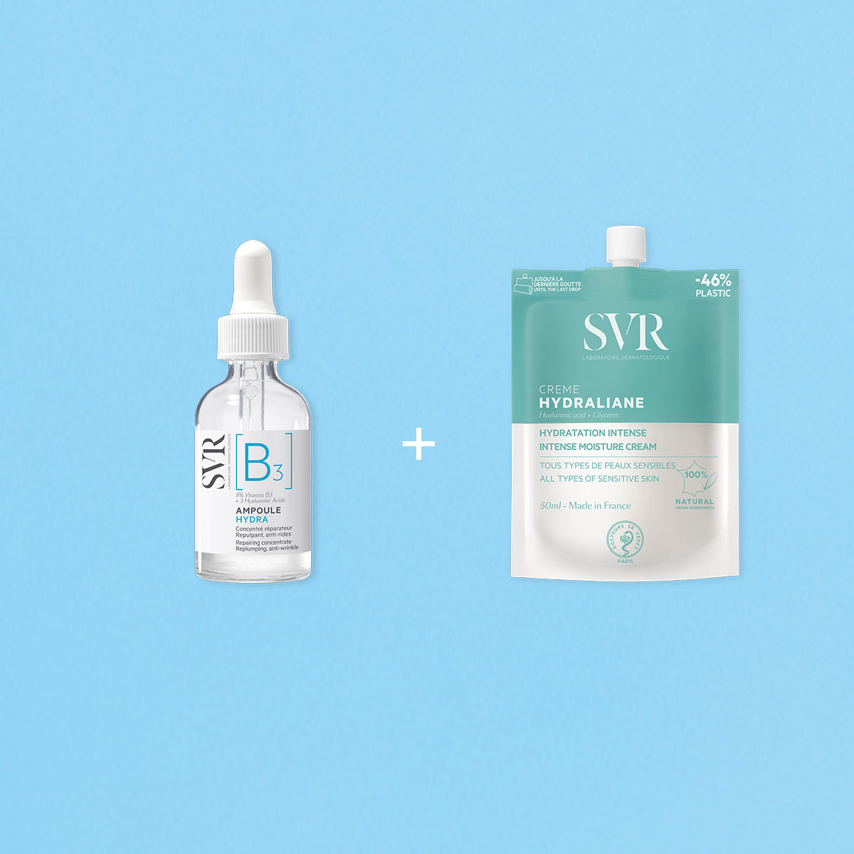 SVR Hydraliane duo featuring a glass dropper serum bottle and a teal 50ml moisturizing cream pouch on blue background.