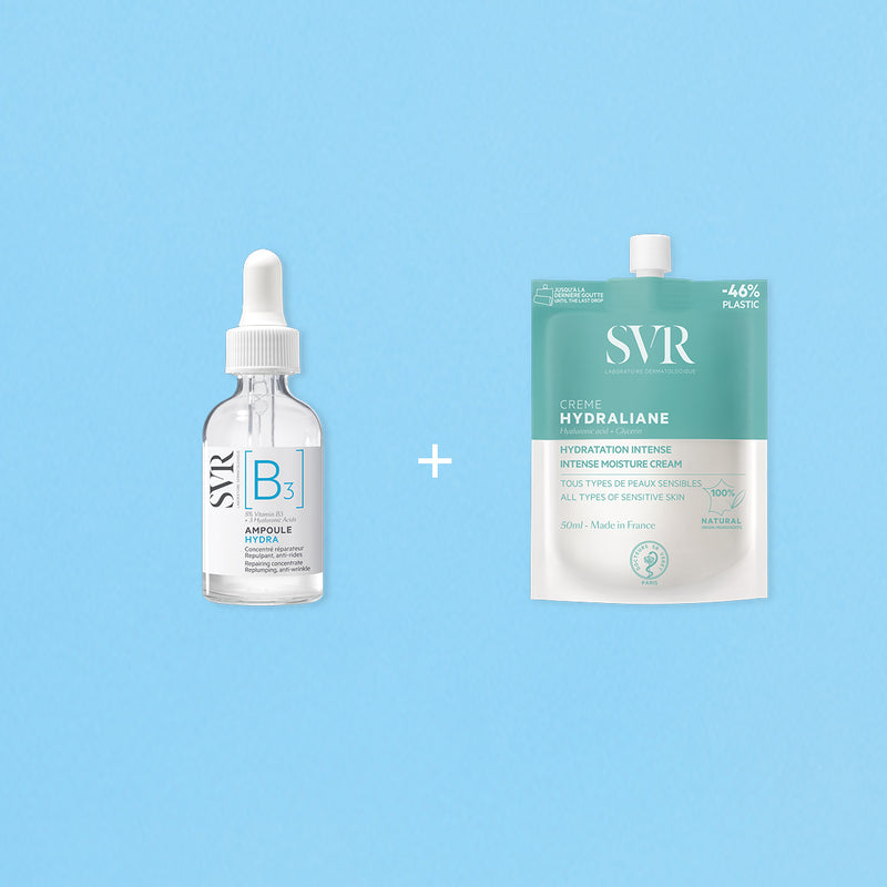 SVR Hydraliane duo featuring a glass dropper serum bottle and a teal 50ml moisturizing cream pouch on blue background.