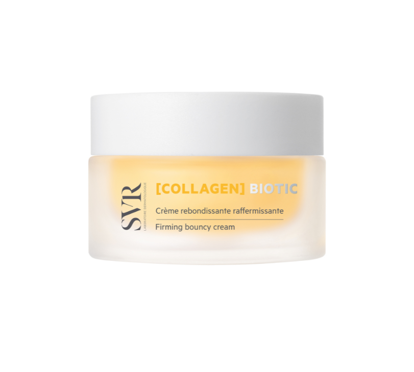 SVR Collagen Biotic firming cream in a frosted glass jar with a white lid, featuring yellow-tinted product and clear branding.