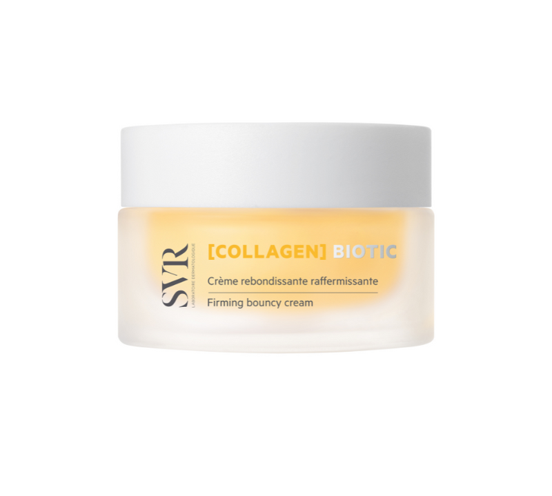SVR Collagen Biotic firming cream in a frosted glass jar with a white lid, featuring yellow-tinted product and clear branding.