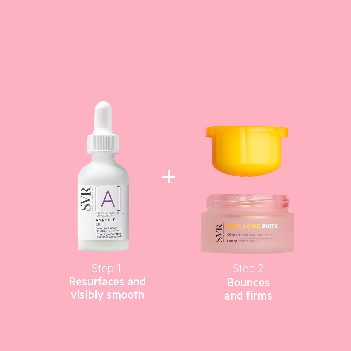 SVR Ampoule A serum and Collagen Biotic cream set on a pink background with step-by-step text labels.