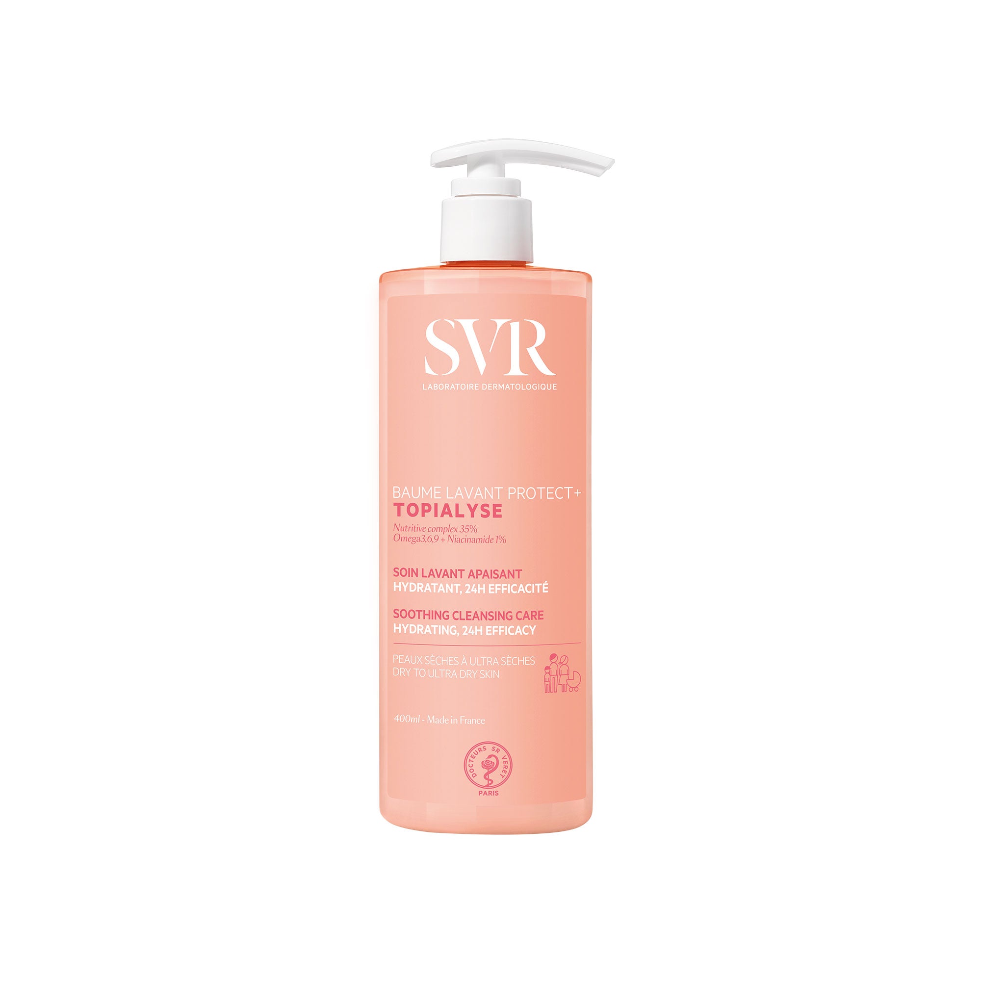 Salmon pink SVR Topialyse Cleansing Balm bottle with white pump dispenser and white text label.