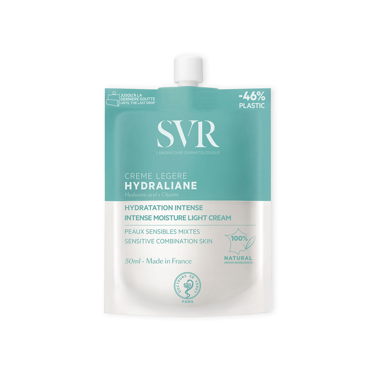 SVR Hydraliane Light Cream 50ml refill pouch in teal and white with hyaluronic acid and glycerin branding.