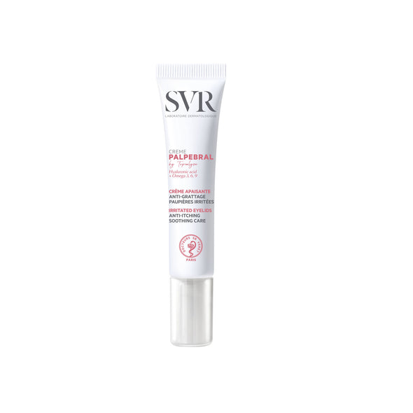 SVR Palpebral Eye Cream in a white squeeze tube with a clear cap, featuring black and pink text on a clean, clinical design.