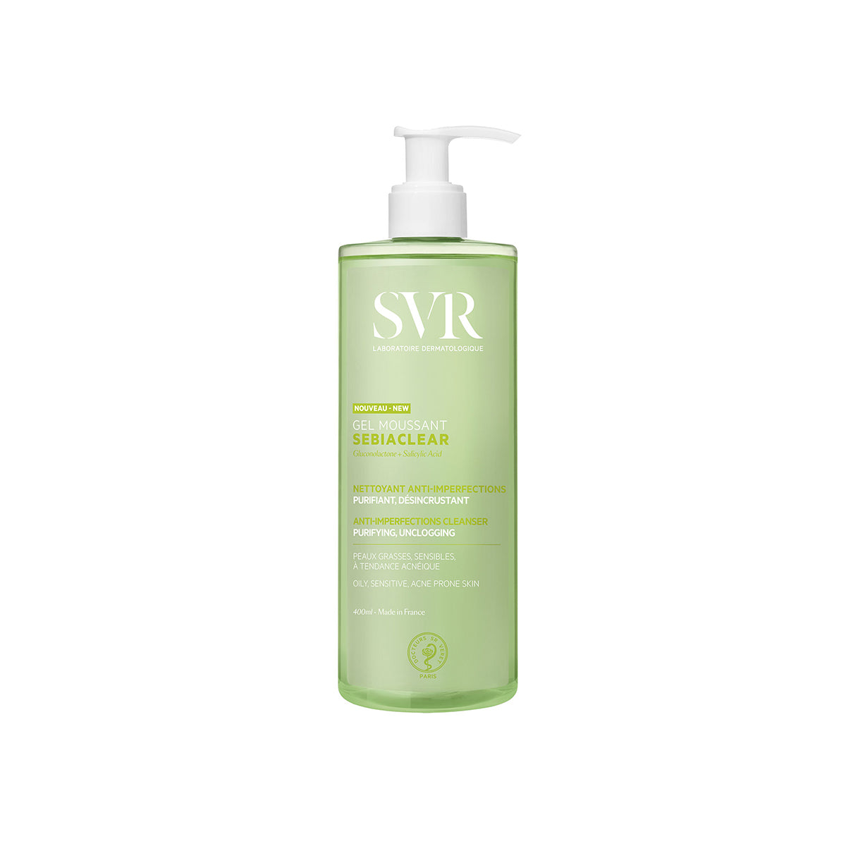 SVR SEBIACLEAR 400ml foaming gel cleanser in a translucent green bottle with a white pump dispenser.