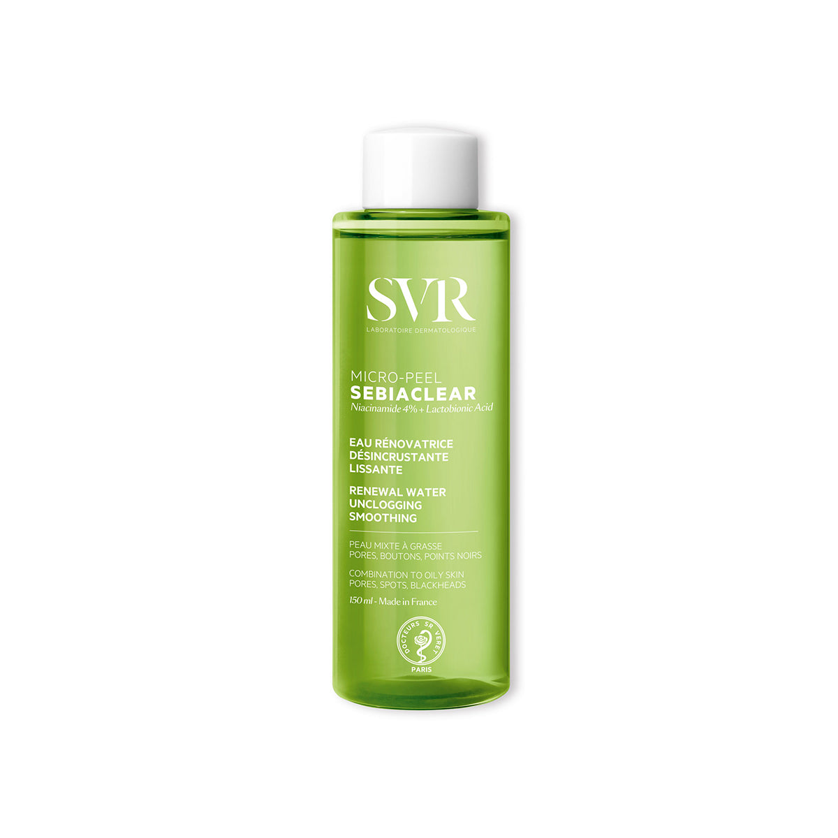 SVR SEBIACLEAR Micro-Peel Essence 150ml bottle in translucent green plastic with white text and a white screw cap.