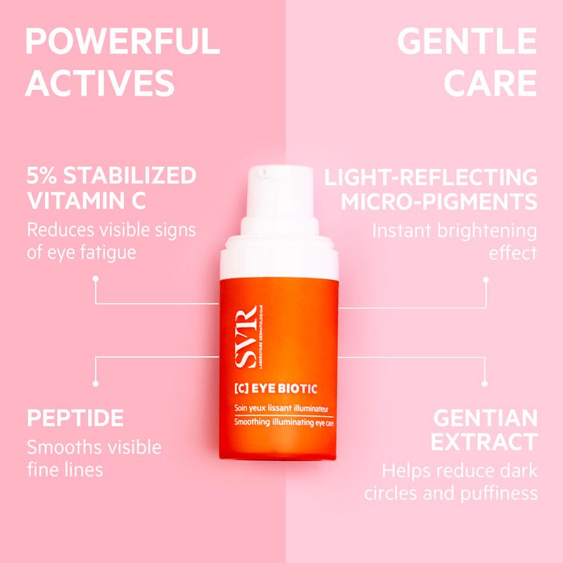 SVR [C] Eye Biotic cream in a bright orange bottle with a white pump, surrounded by text highlighting its key active ingredients.
