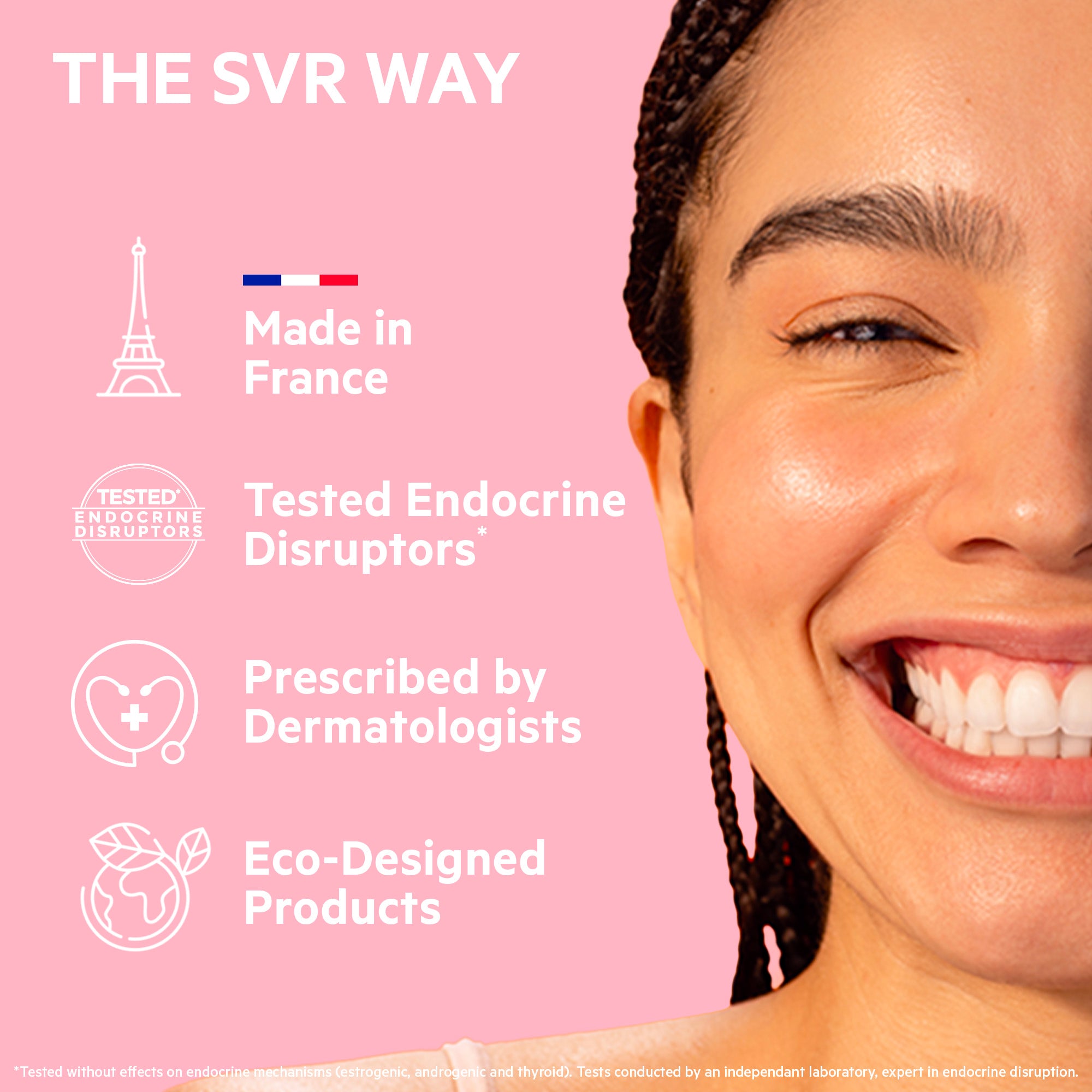 Smiling woman next to SVR brand icons for French-made, dermatologist-tested, and eco-friendly skincare on a pink background.