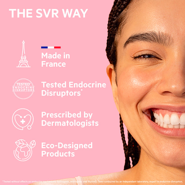 Smiling woman next to SVR brand icons for French-made, dermatologist-tested, and eco-friendly skincare on a pink background.