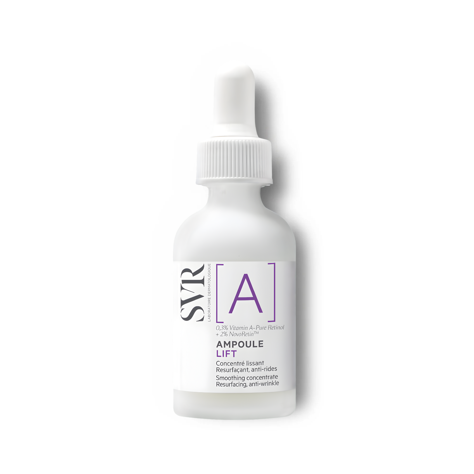 SVR AMPOULE [A] Lift retinol serum in a frosted glass bottle with a white dropper cap on a white background.