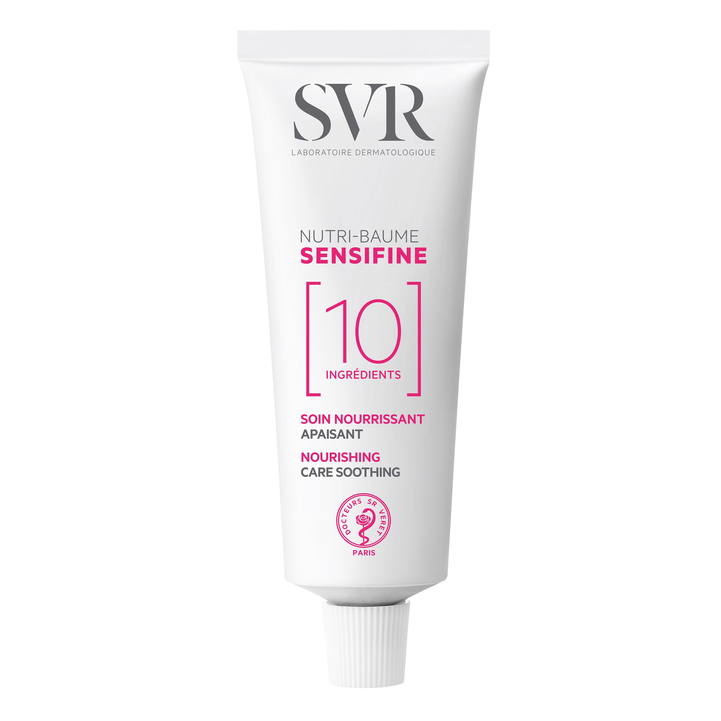 White SVR Sensifine Nutri-Baume tube with pink text and a minimalist design on a clean white background.
