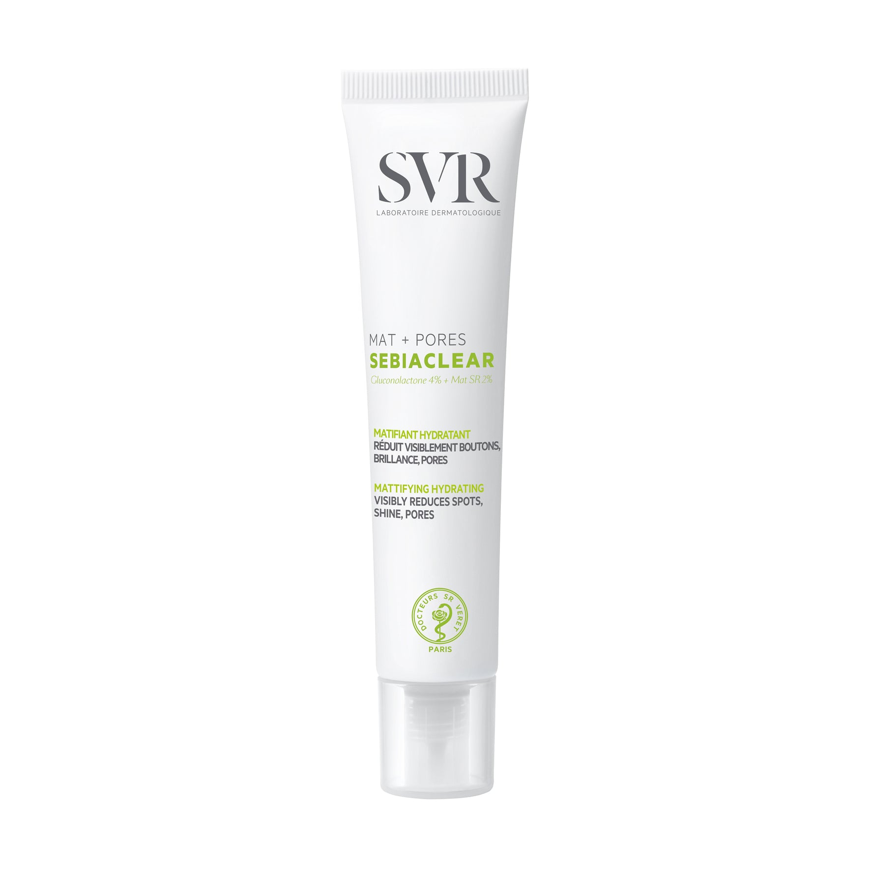 SVR Sebiaclear Mat + Pores white squeeze tube with green text and a clear cap for oily, sensitive skin.
