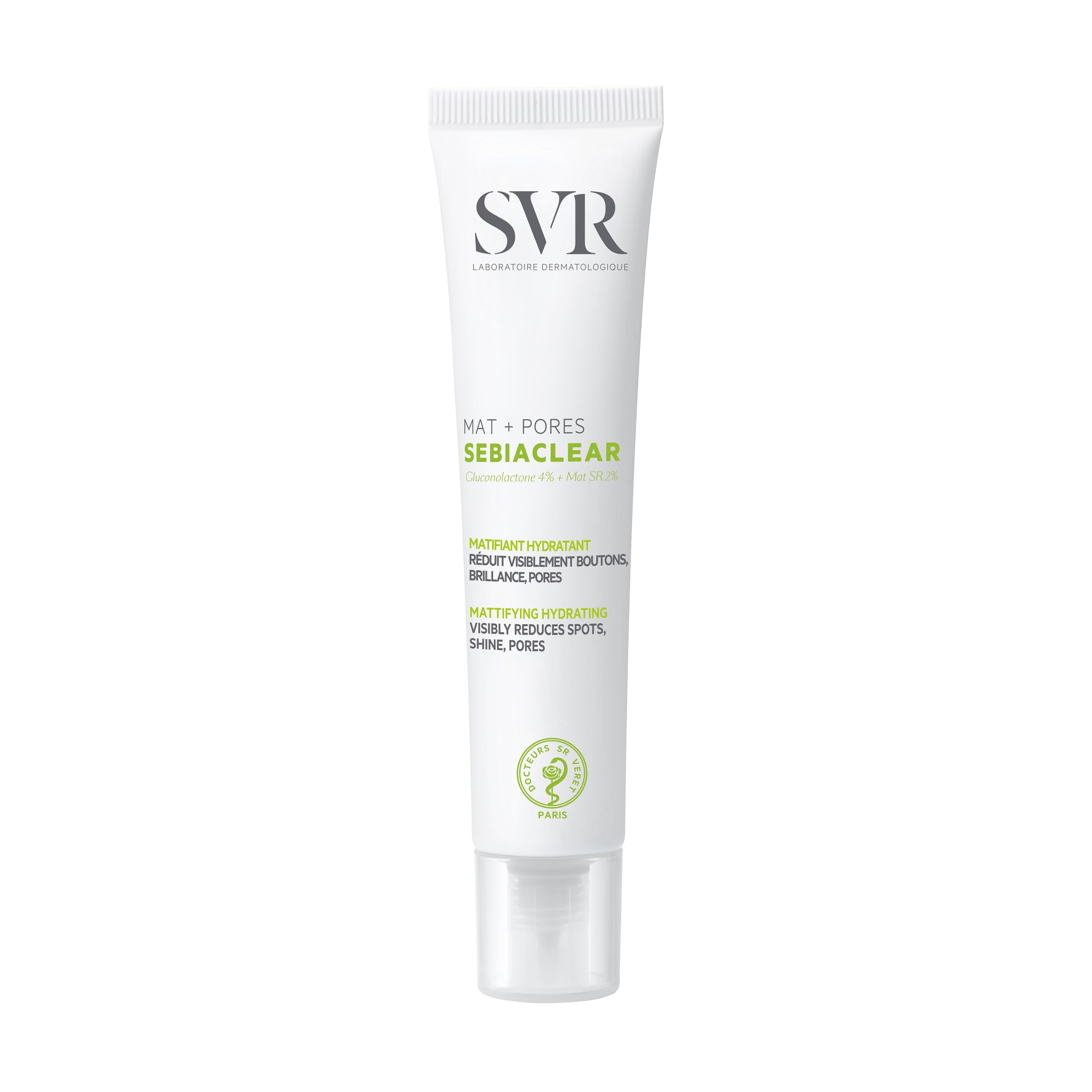 SVR Sebiaclear Mat + Pores white squeeze tube with green text and a clear cap for oily, sensitive skin.