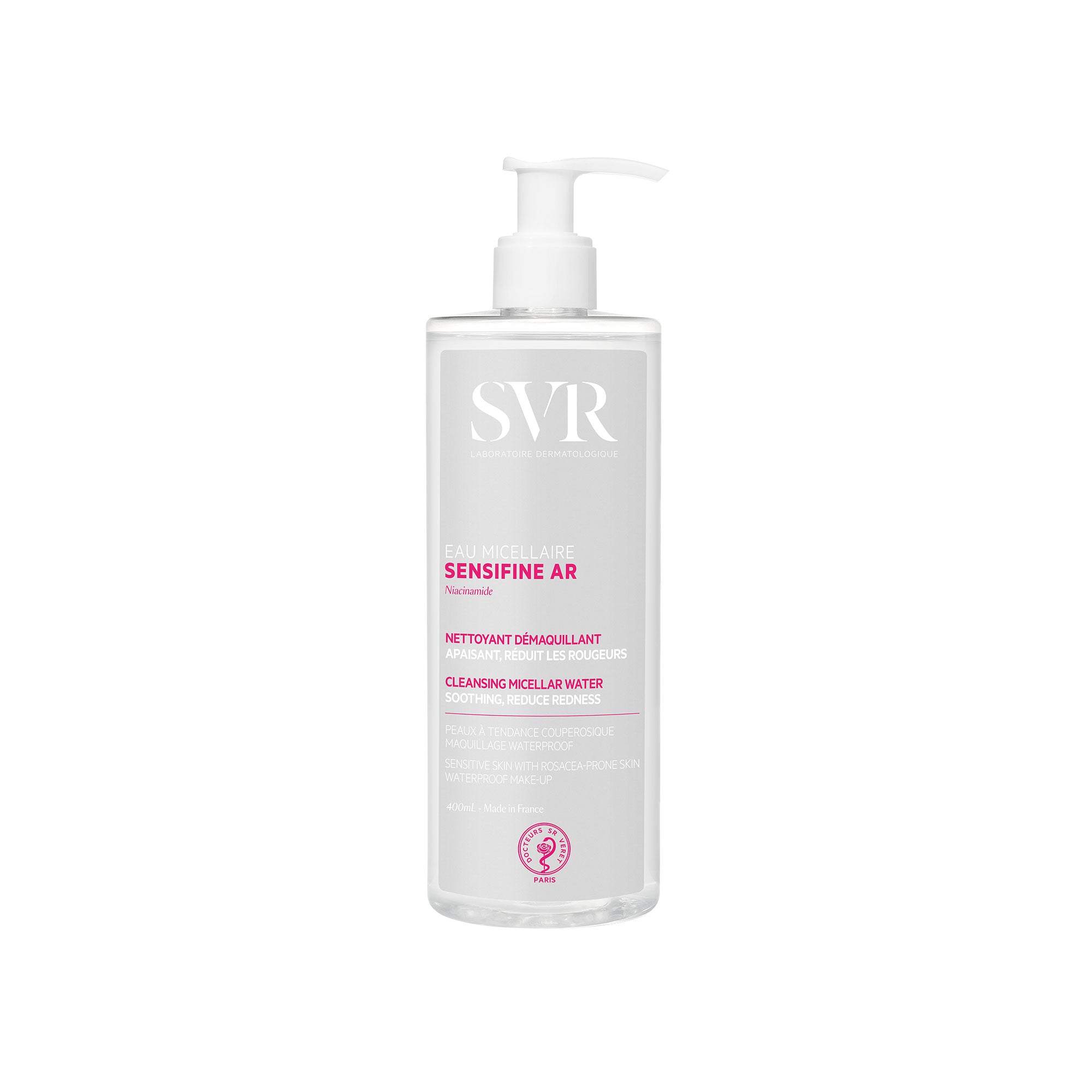 Clear plastic bottle of SVR Sensifine AR Micellar Water with white pump and pink label text.