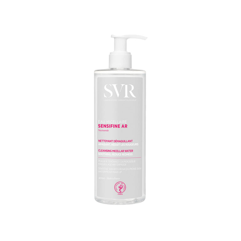 Clear plastic bottle of SVR Sensifine AR Micellar Water with white pump and pink label text.