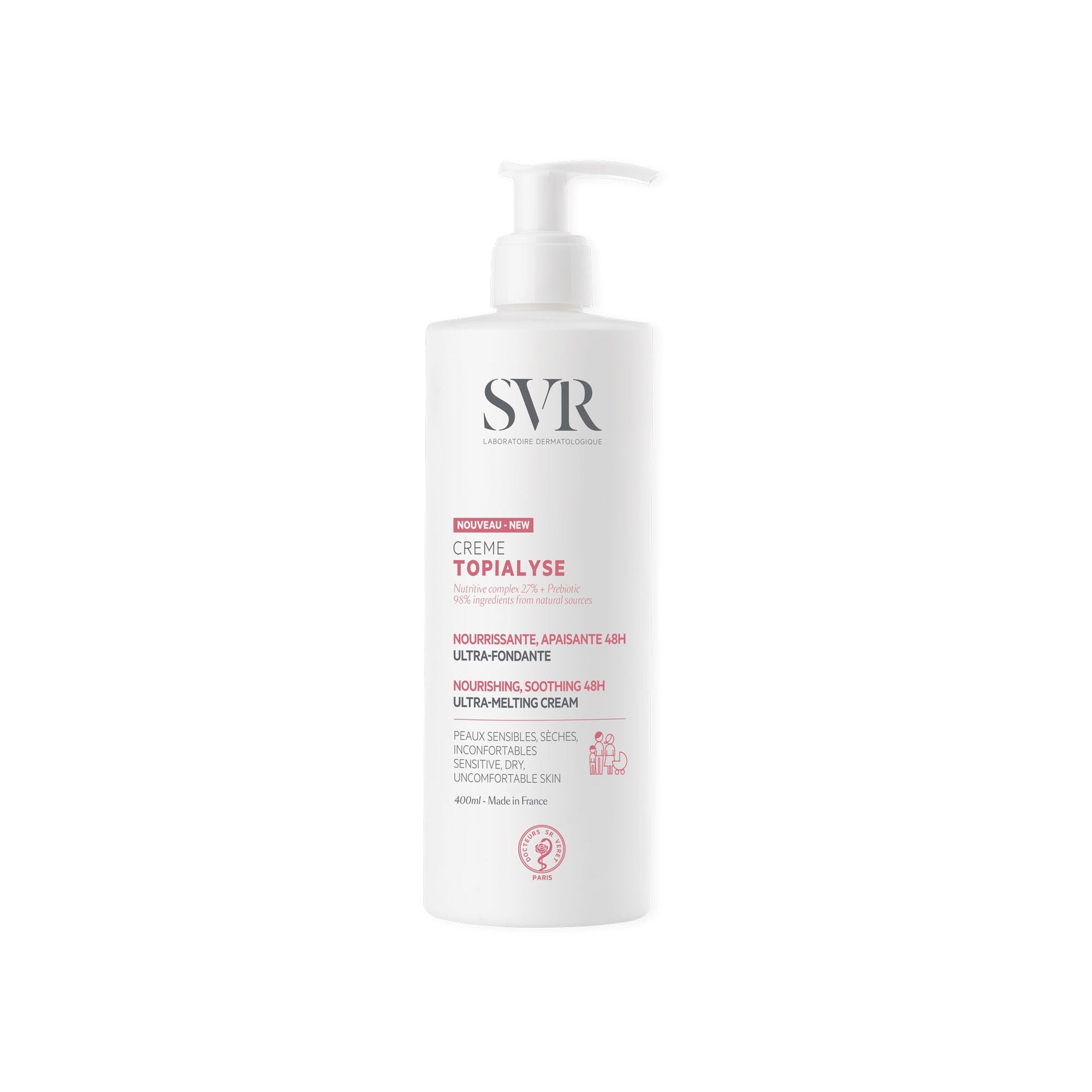White 400ml SVR Topialyse pump bottle for dry, sensitive skin with minimalist branding and pink text accents.