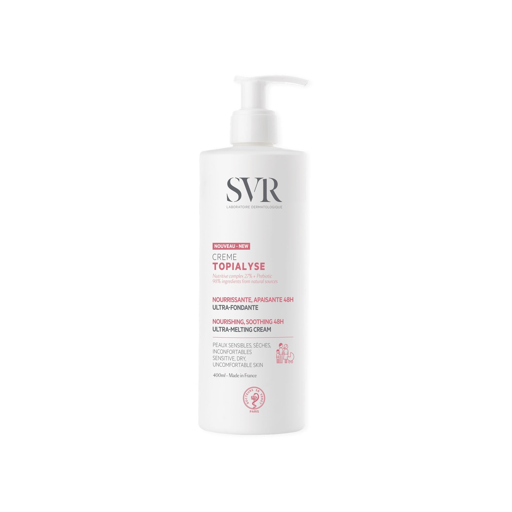 White 400ml SVR Topialyse pump bottle for dry, sensitive skin with minimalist branding and pink text accents.
