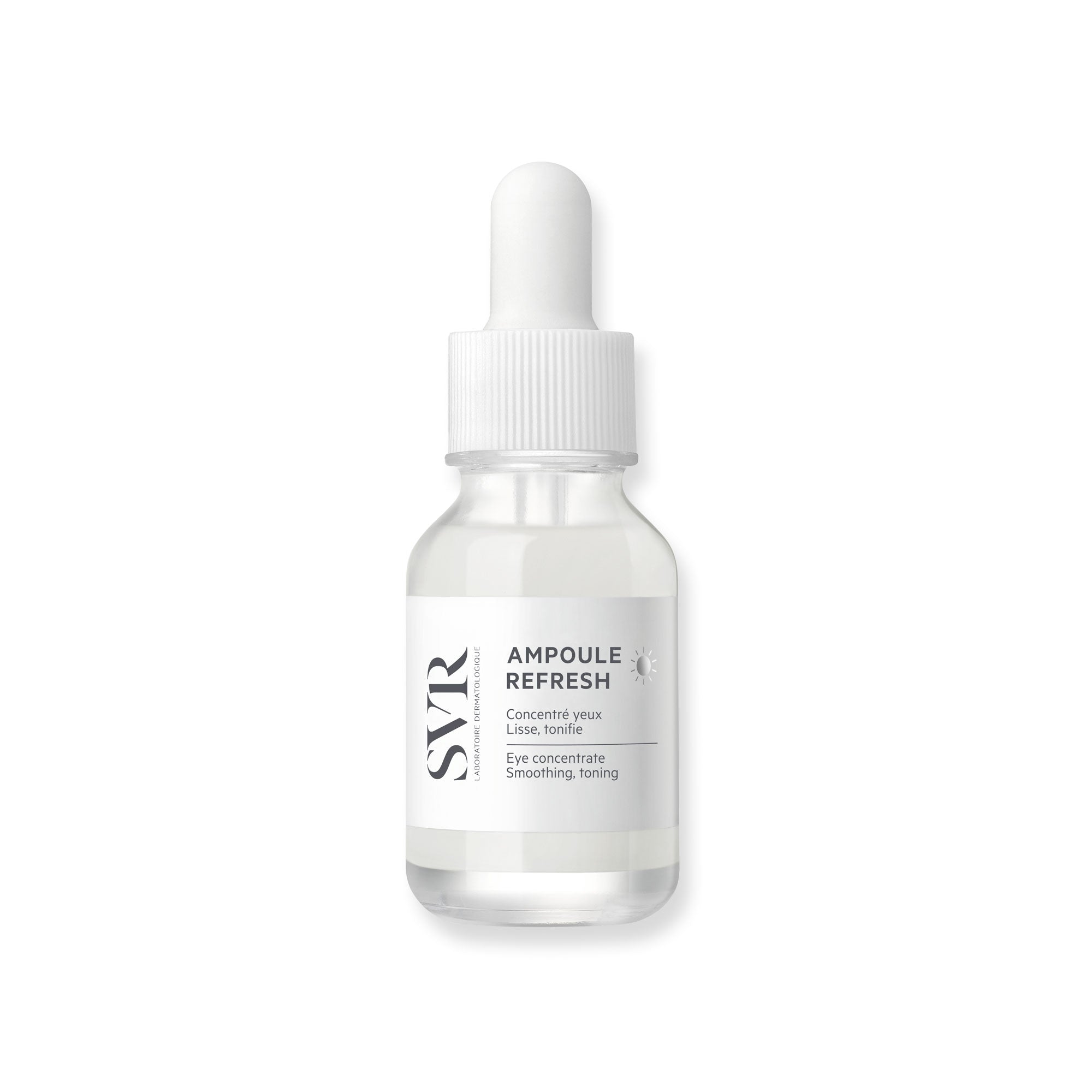 SVR AMPOULE REFRESH eye serum in a clear glass bottle with a white dropper cap and minimalist label against a white background.