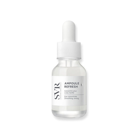 Clear glass dropper bottle with white cap and label reading SVR Ampoule Refresh serum.