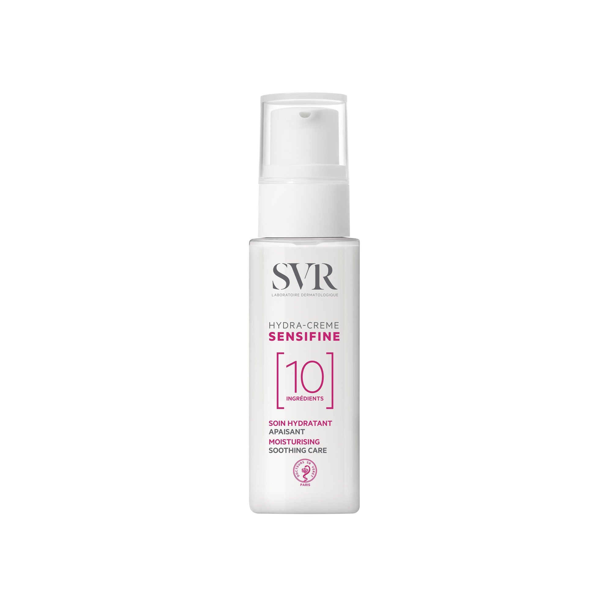 White pump bottle of SVR Sensifine Hydra Cream with pink and black text, 1.3 fl. oz. size.