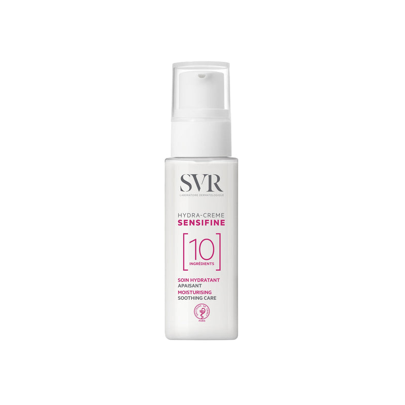 White pump bottle of SVR Sensifine Hydra Cream with pink and black text, 1.3 fl. oz. size.