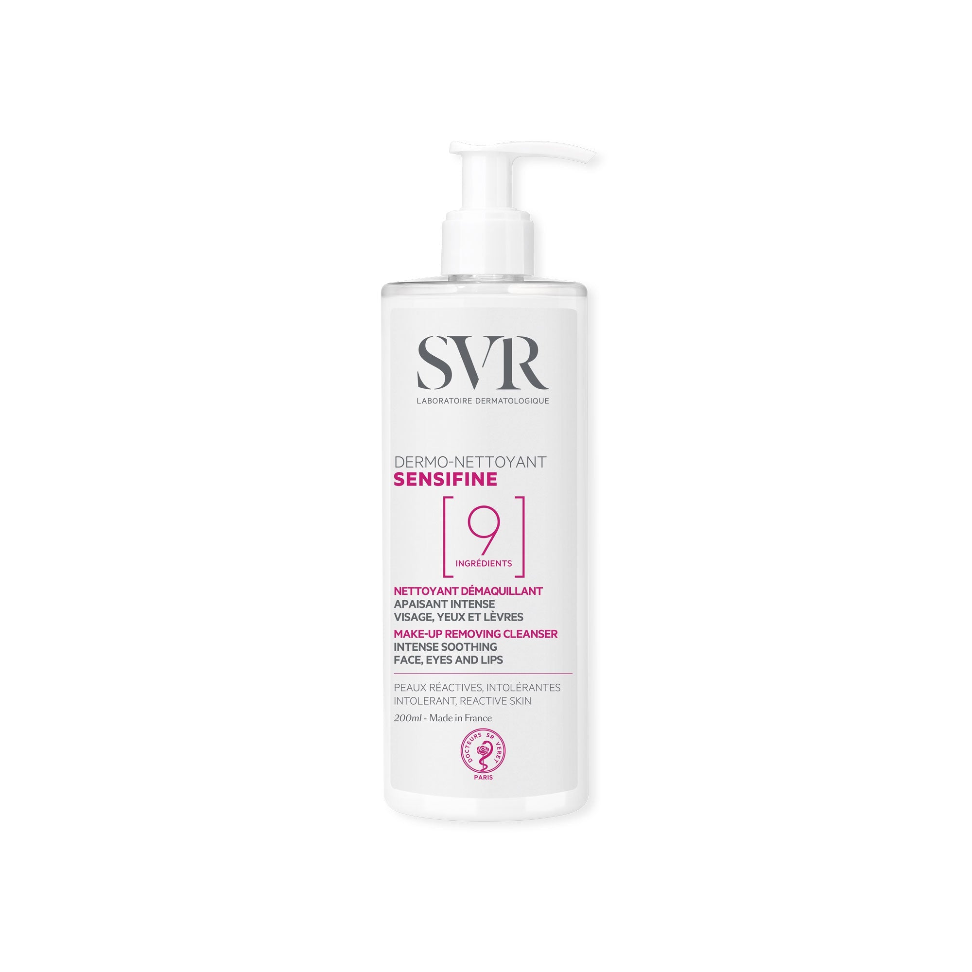 SVR Sensifine Dermo-Cleanser white pump bottle with pink and black text, 13.5 fl. oz.